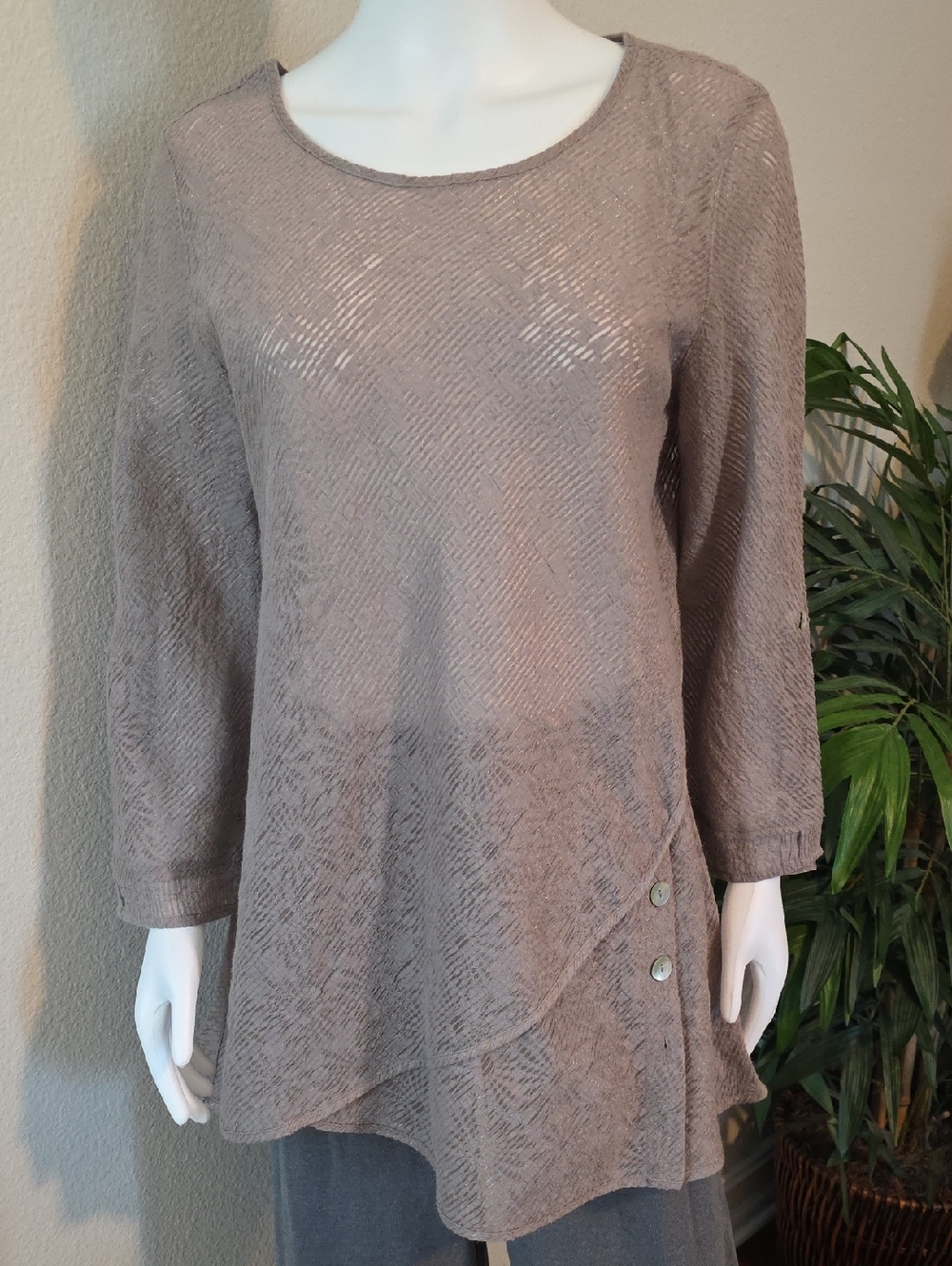 Ali Miles Taupe/copper Semi-sheer Textured Long Sleeve Tunic Top Size M